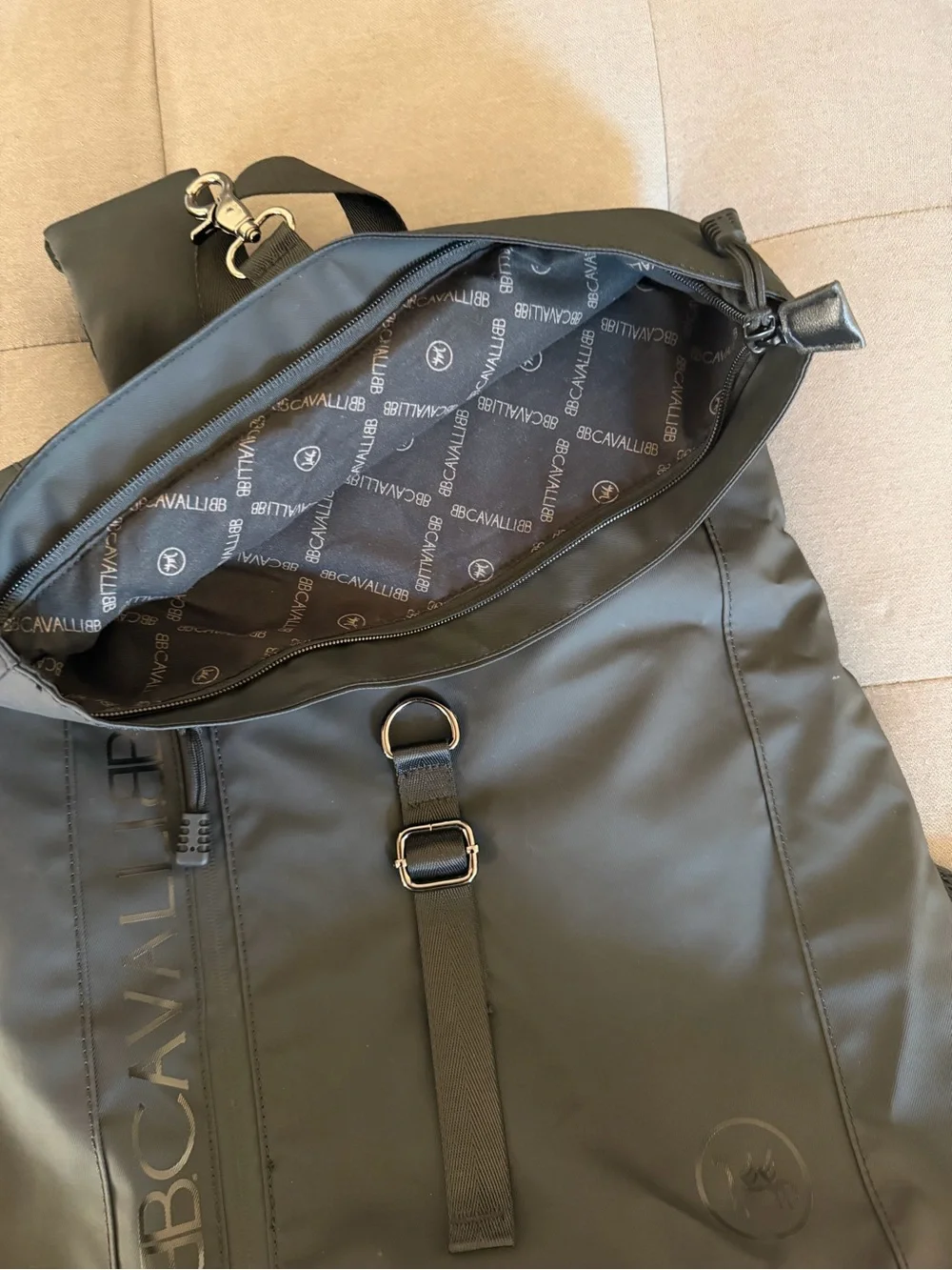 Black Roll-Top Men's Backpack with Front Buckle